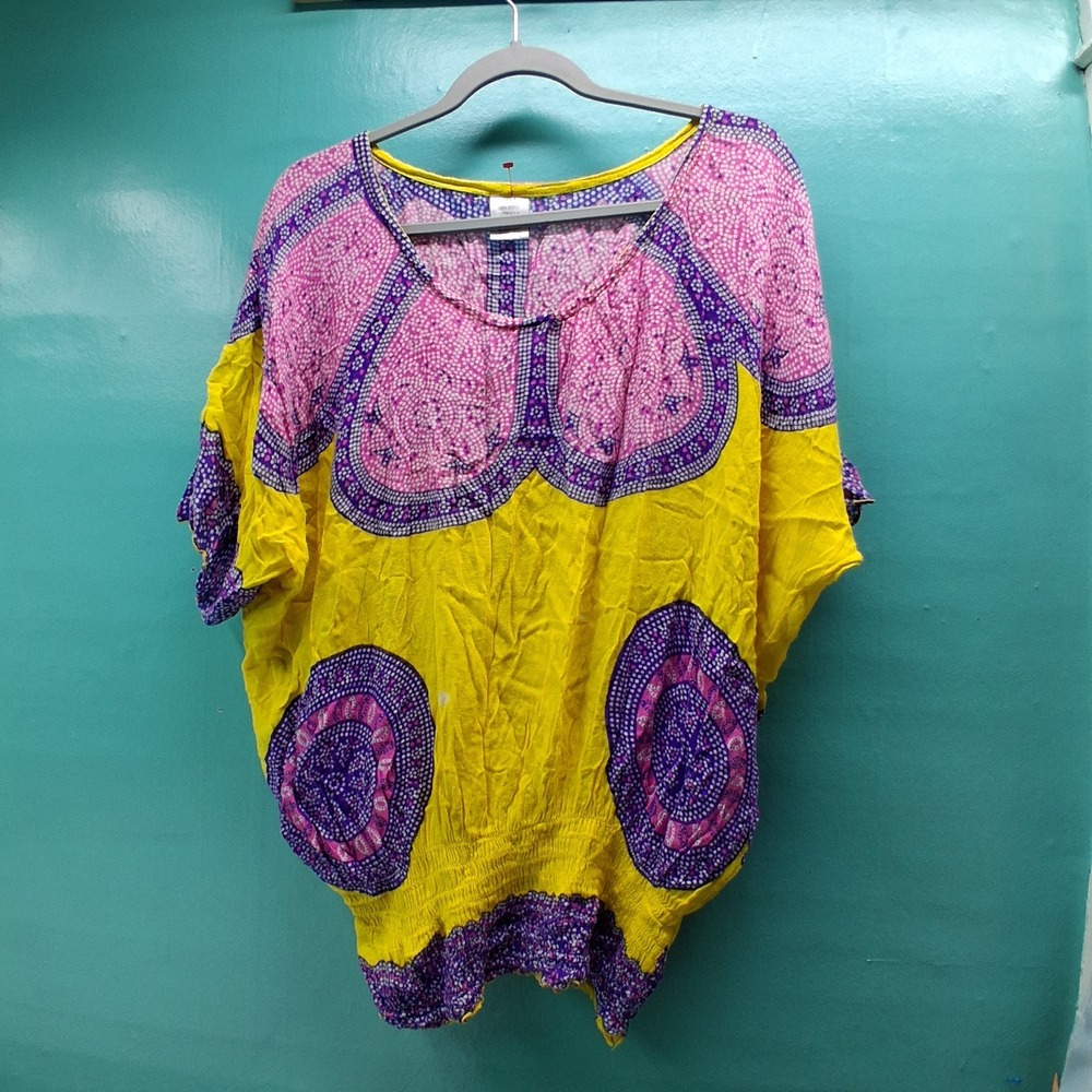 YOA Dolman Blouse OS Yellow Pink Purple Batik Medallion Smocked Hem Boho